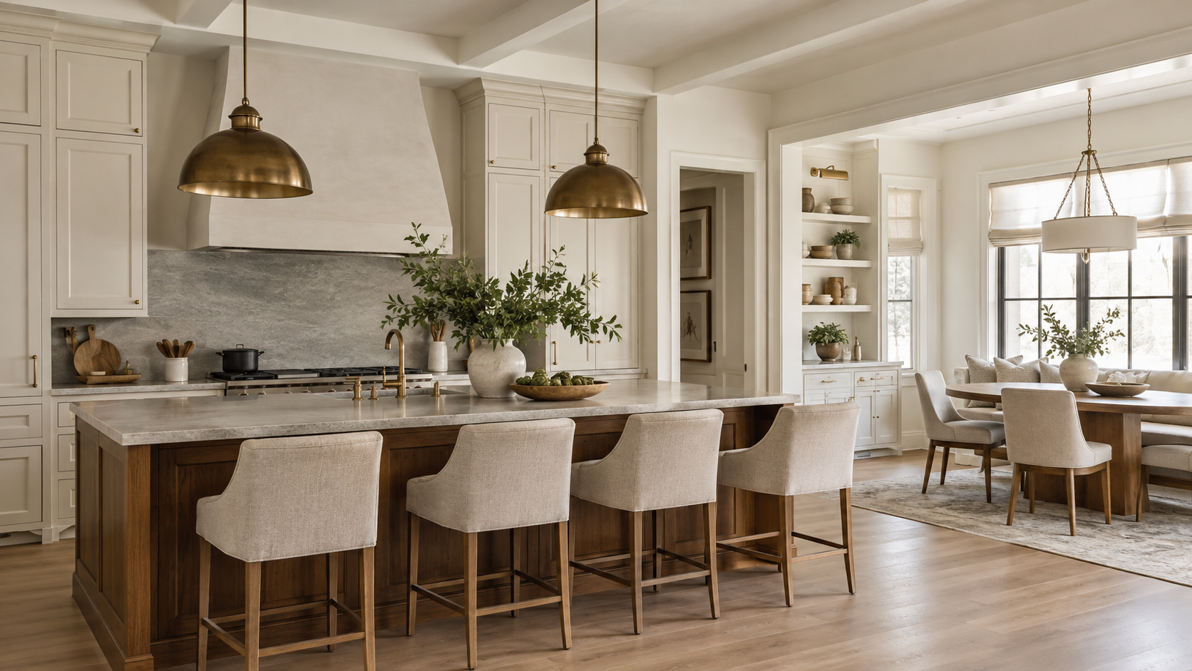 Nashville-inspired Southern transitional kitchen with a walnut island, stone counters and tailored breakfast nook
