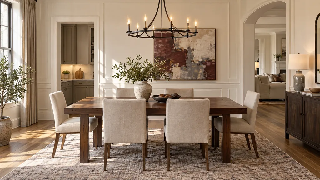 AI-generated southern transitional dining room with a walnut table, linen chairs and black iron chandelier