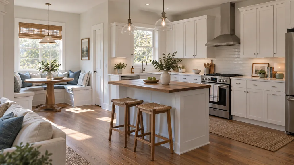 AI-generated human-scale kitchen with white shaker cabinets, a butcher-block island and a blue-cushioned breakfast nook
