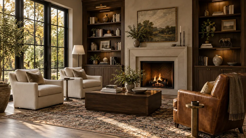 AI-generated walnut-paneled sitting room with a stone fireplace, cream armchairs and a cognac leather chair